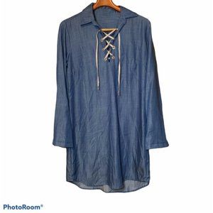 Never a Wallflower Blue Drawstring Neck Shirt Dress, Medium
